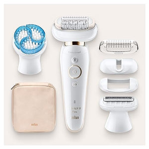 Braun Silk-épil 9 Flex Epilierer Damen / Haarentferner, inkl. Rasieraufsatz und Tiefenpeeling-Bürste, mit flexiblem Kopf für einfachere Haarentfernung, 9010, weiß/gold