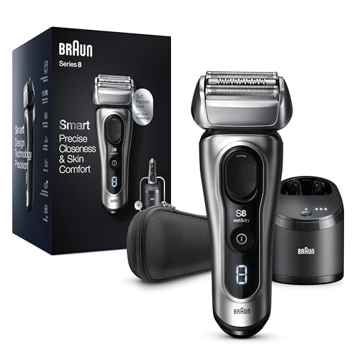 Braun Series 8 Rasierer Herren 8467cc 3+1 Scherkopf, Elektrorasierer & Trimmer, Sonic-Technologie, 40°-Kopf, Konturenanpassung, Reinigungsstation, Wet & Dry, 8467cc, silber