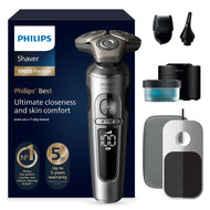 Philips Rasierer S9000 SP9885/35 Prestige - Elektrischer Nass- und Trockenrasierer, glänzendes Chrom, Lift & Cut-Rasiersystem, SkinIQ-Technologie, Bartstyler, Reinigungsstation & Qi-Ladepad (Modell SP9885/35)