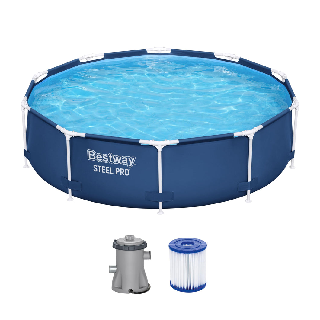 Bestway Steel Pro Frame Pool Set mit Filterpumpe Ø 305 x 76 cm, dunkelblau, rund