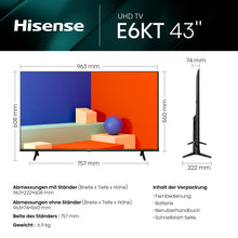 Lade das Bild in den Galerie-Viewer, Hisense 43E6KT 108cm (43 Zoll) Fernseher, 4K UHD, Smart TV, HDR, Dolby Vision, Triple Tuner DVB-C/S/S2/T/T2, Frameless, WiFi, Bluetooth, Alexa Built-In, DTS Virtual X, Hotel Mode, Schwarz [2023]
