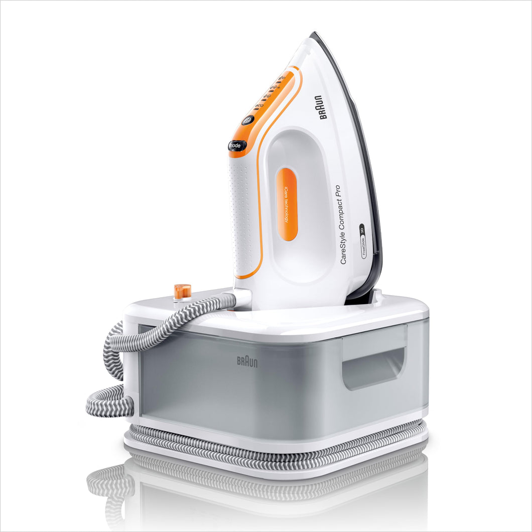 Braun CareStyle Compact Pro IS 2561 WH Dampfbügelstation, Dampfbügeleisen mit FreeGlide 3D Bügelsohle, Vertikaldampf, 2400W, Pumpendruck 6 bar, Dampfstoß 400 g/min, großer 1,5l Wassertank, Weiß/Orange