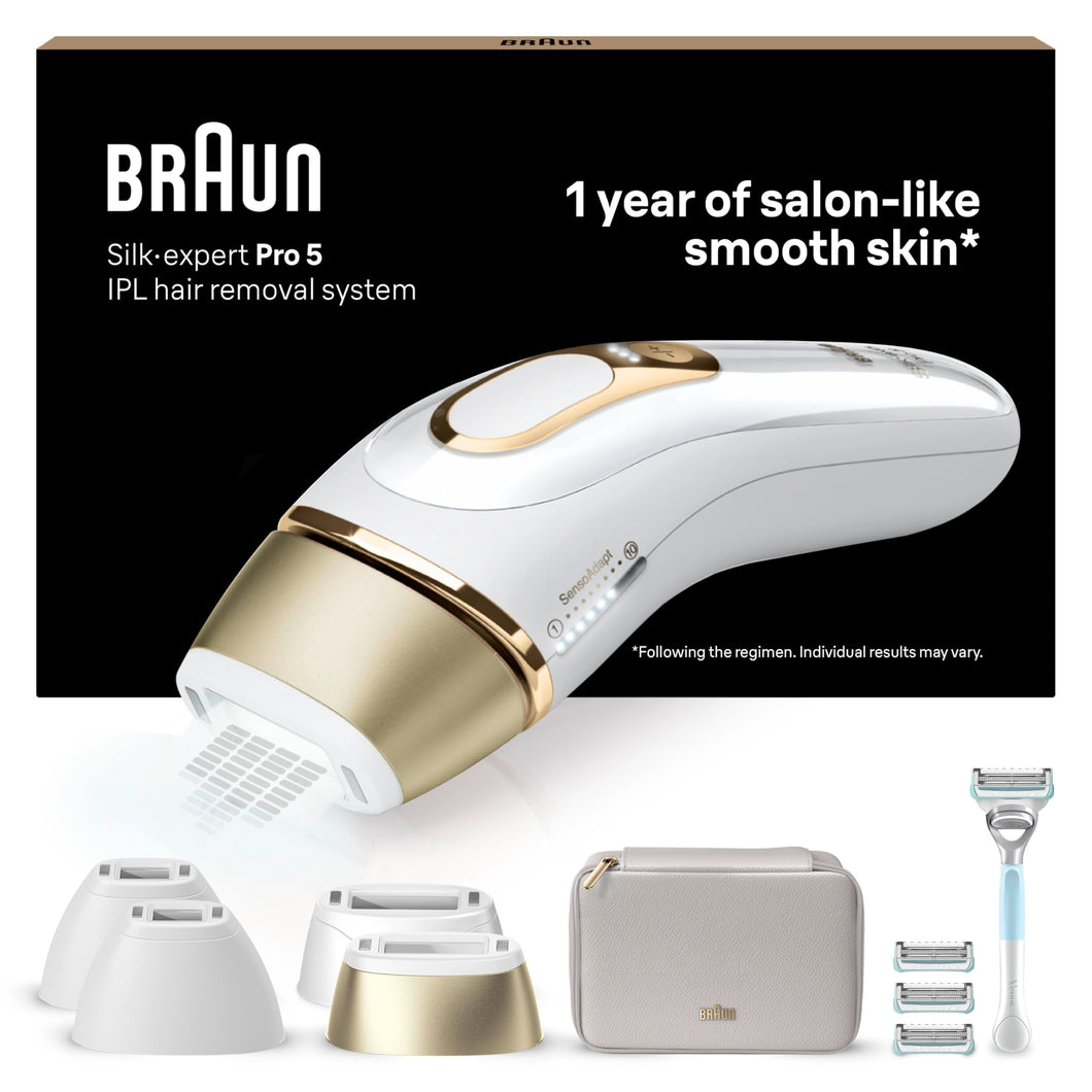 Braun IPL Silk·expert Pro 5 PL5358 Alternative zur Laser-Haarentfernung für zuhause, mit Aufbewahrungstasche, Venus Rasierer, 4 Aufsätze, sichtbare Haarentfernung, Designed in Germany,Weiß oder Gold, PL5358