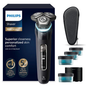Philips Shaver S9000 S9976/63  Elektrischer Nass-& Trockenrasierer für Männer, Schwarz, Lift & Cut System, SkinIQ Technologie, Barttrimmer, Reinigungsstation, Ladestation & Reiseetui(Modell S9976/63)
