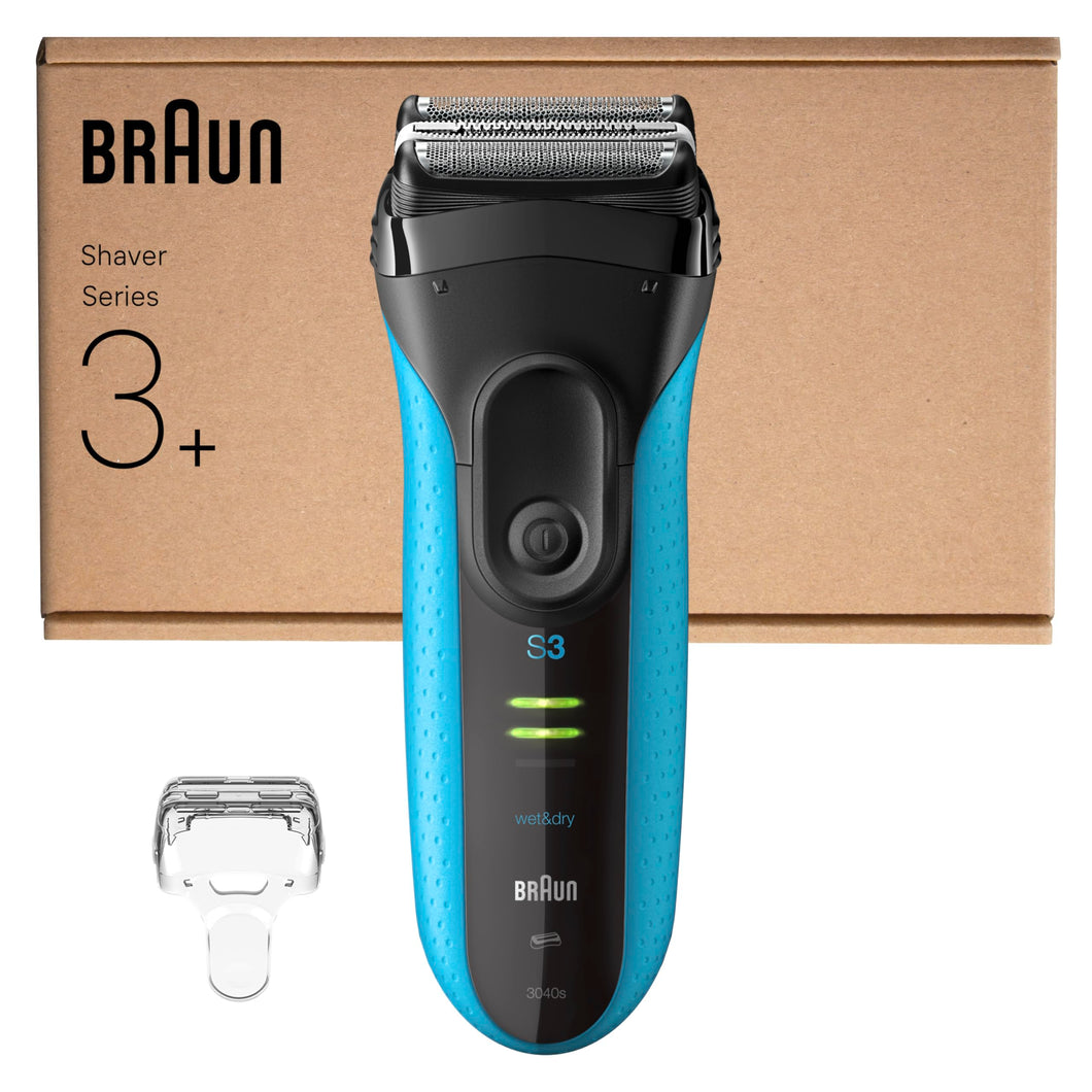 Braun Series 3+ Rasierer Herren Elektrisch, Elektrorasierer mit 3 flexiblen Klingen, Rasierapparat mit MicroComb Mitteltrimmer, Präzisionstrimmer, Nass- & Trockenrasierer für Männer, 3040si, Blau