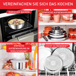 Tefal Ingenio Preference On 3-teiliges Pfannenset abnehmbarer Griff, 24/28 cm, stapelbar, platzsparend, Topfset Induktion mit Antihaftversiegelung, einfache Handhabung und Reinigung, L97493