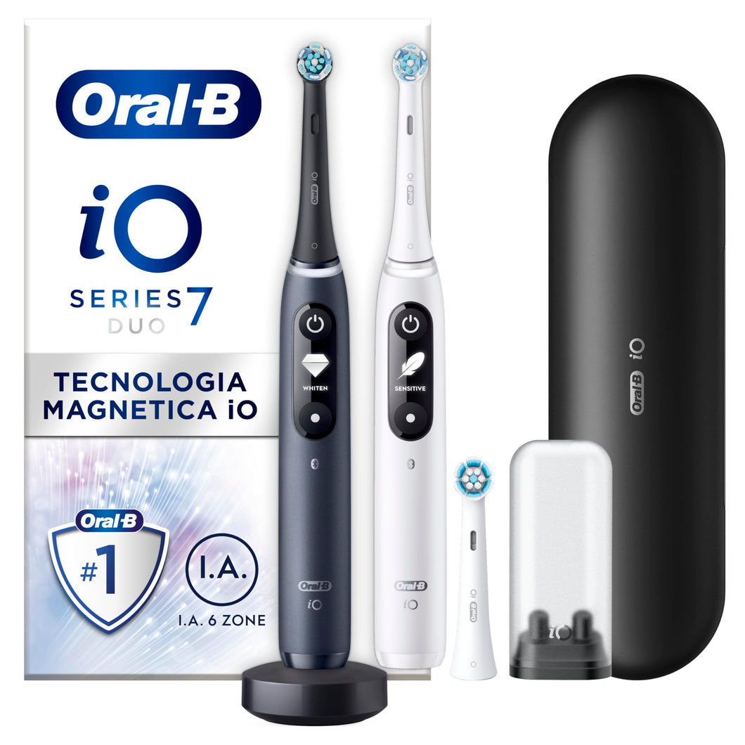 Oral-B iO 7 Duo Elektrische Zahnbürsten, Schwarz und Weiß, Drucksensor zum Schutz des Zahnfleischs, 2 Griffe, Zubehör, 2 runde Bürsten, 1 Ladegerät, 1 Reiseetui