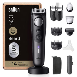 Braun Barttrimmer Series 9, BT9565 Bartschneider Herren mit 14 Barber-Tools, Ultrascharfe ProBlade Klinge, 180 Min Akkulaufzeit, Kabelloser Bartrasierer, 52 Längen, Wasserdicht, BT9565, Titan