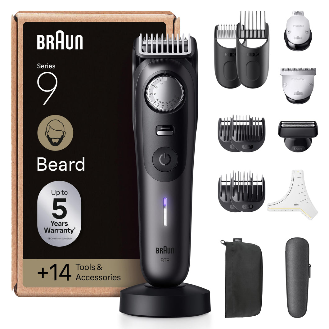Braun Barttrimmer Series 9, BT9565 Bartschneider Herren mit 14 Barber-Tools, Ultrascharfe ProBlade Klinge, 180 Min Akkulaufzeit, Kabelloser Bartrasierer, 52 Längen, Wasserdicht, BT9565, Titan