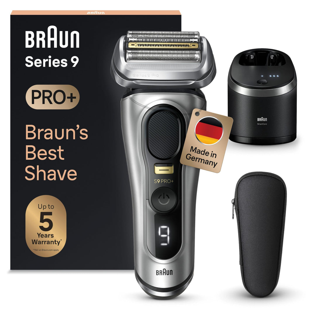 Braun Series 9 Pro+ Rasierer Herren Elektrisch, Elektrorasierer mit 5 Pro Rasierelementen, Langhaarschneider ProTrimmer & Reinigungsstation, 60 Min Laufzeit, Made in Germany, 9567cc, Silber