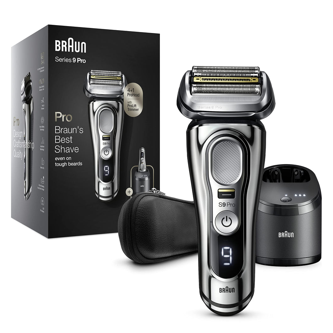 Braun Series 9 Pro Elektrorasierer 9466 CC, Chrom, Bartrasierer mit ProLift-Trimmer und 4-in-1-Kopf, 5-in-1-Reinigungs- und Ladecenter, Tasche, wiederaufladbar, kabellos, 9466 CC, Chrom