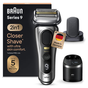 Braun Series 9 Pro+ 9597cc Rasierer Elektrisch, Elektrorasierer mit 5 Rasierelementen, ProComfort Aufsatz, 2-in-1-System, Reinigungsstation, 60 Min Laufzeit, Made in Germany, 9597cc, Silber