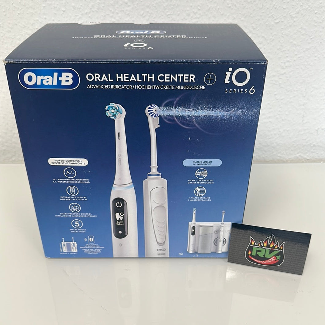 Oral-B Oral Health  Munddusche , 2 Ersatzdüsen plus iO Series 6 Elektrische Zahnbürste/Electric Toothbrush, 2 Aufsteckbürsten, 5 Modi für Zahnpflege, weiß