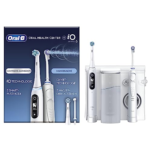 Oral-B Oral Health  Munddusche , 2 Ersatzdüsen plus iO Series 6 Elektrische Zahnbürste/Electric Toothbrush, 2 Aufsteckbürsten, 5 Modi für Zahnpflege, weiß