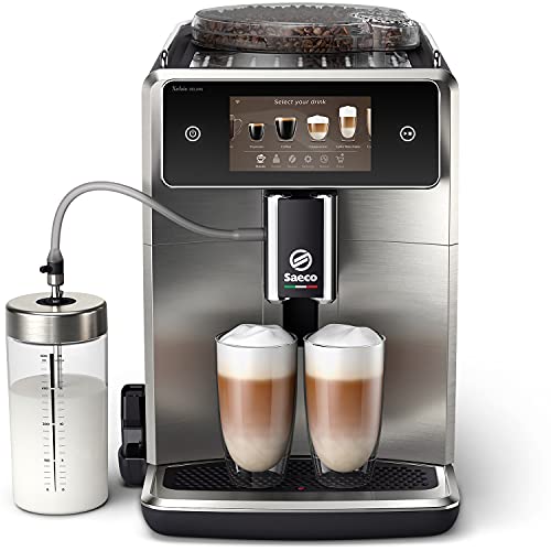 Saeco SM8785/00 Xelsis Deluxe Kaffeevollautomat 22 Kaffeespezialitäten (Touchscreen, 8 Benutzerprofile), WLAN-Konnektivität, Klavierlack-Schwarz / Edelstahl-Front