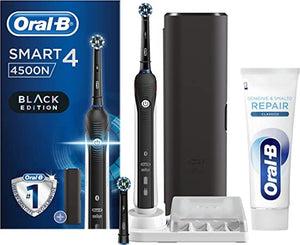 Oral-B Wiederaufladbare elektrische Zahnbürste Smart 4 4500 CrossAction, 1 schwarzer Griff, 3 Bürstenmodi, 2 Köpfe, Premium Reisehülle + Zahnpasta Zahnpasta & Nagellack Repair