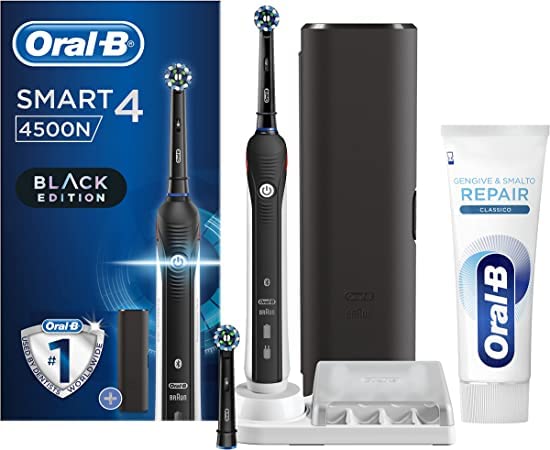 Oral-B Wiederaufladbare elektrische Zahnbürste Smart 4 4500 CrossAction, 1 schwarzer Griff, 3 Bürstenmodi, 2 Köpfe, Premium Reisehülle + Zahnpasta Zahnpasta & Nagellack Repair