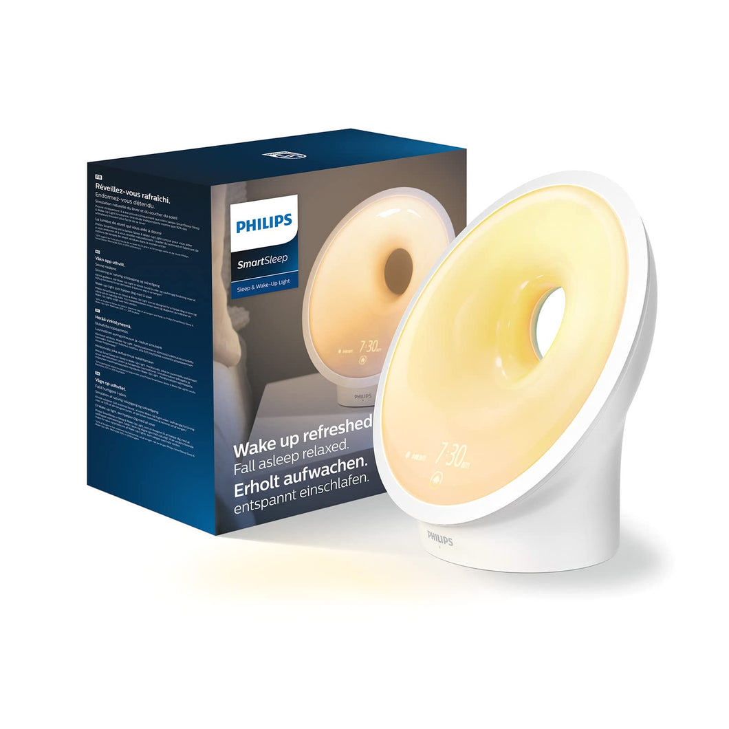 Philips Sleep & Wake-up Light, farbige Sonnenaufgangssimulation, 25 Lichtstärken, mehrere Töne und Musik, Mitternachtslicht, Entspannungs- und Atemfunktion (Modell HF3651/01)